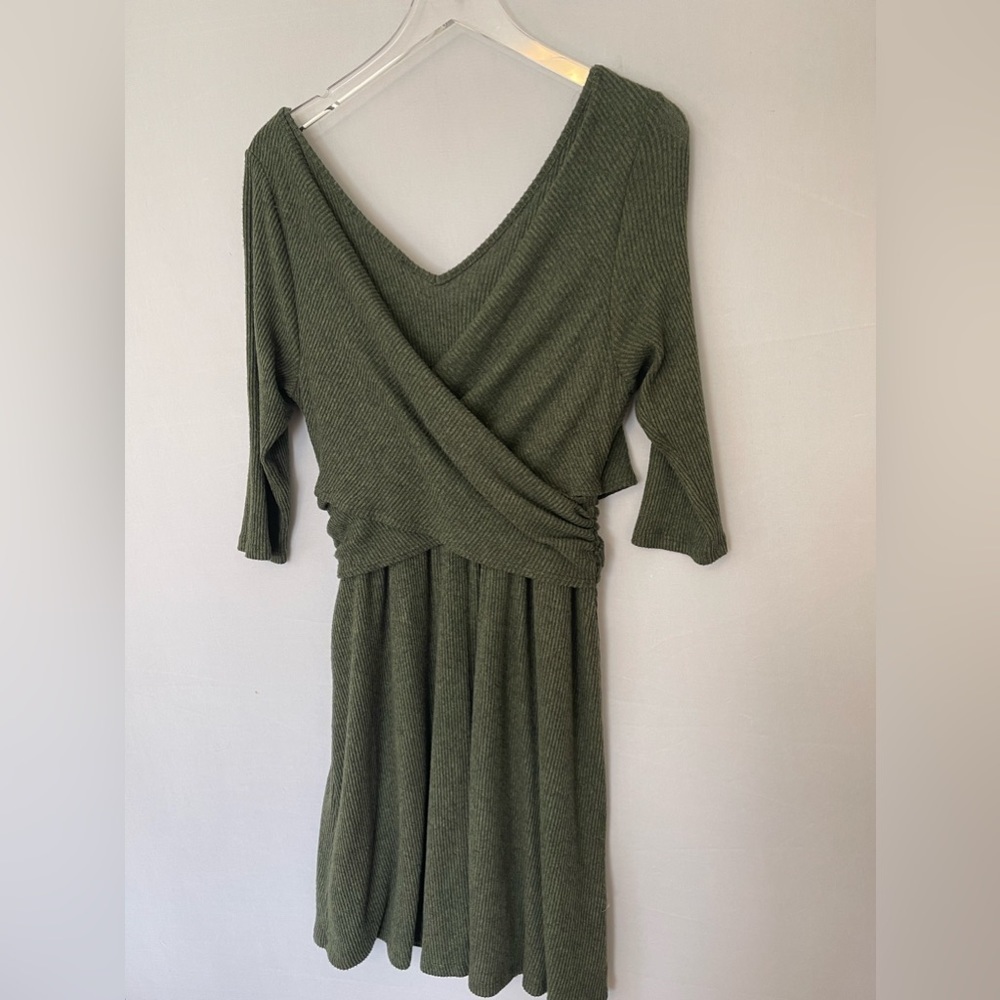 Green Ribbed‎ Knit Wrap Dress Boston Proper Large - Picture 5 of 9